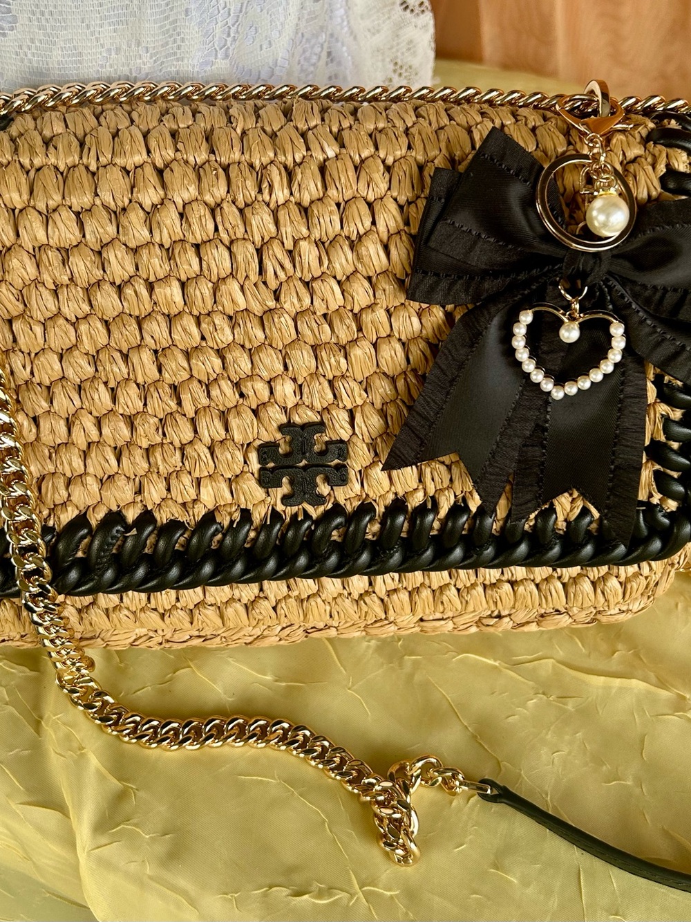 Tory Burch Natural Straw Crossbody with Black Trim and Gold Chain - Picture 9 of 13